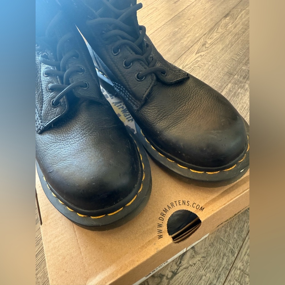 Dr. Martens Black Leather Boots with Yellow Stitching